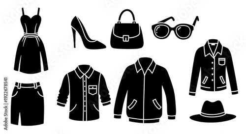 Fashion Apparel and Clothing Accessories Glyph Icons Set. Black and White Silhouettes of Dress, Jacket, Shirt, Skirt, Shoe, Bag, Sunglasses, Hat.