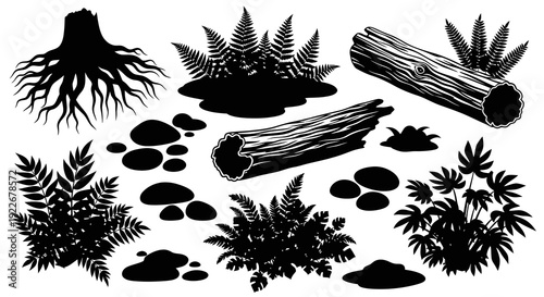 Nature and Forest Elements Black and White Silhouette Vector Set. Woodland Logs, Tree Stump, Roots, Ferns, Rocks, and Jungle Plants Glyphs.