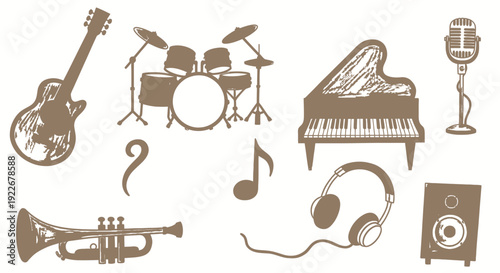 Hand-drawn colored line art illustration of various musical instruments and audio equipment, perfect for music industry projects and sound concepts.