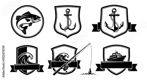 Black  White Marine  Fishing Emblems Set. Nautical Logos with Fish, Anchors, Waves, Fishing Rods, Boats in Silhouette Glyph Shield Style.