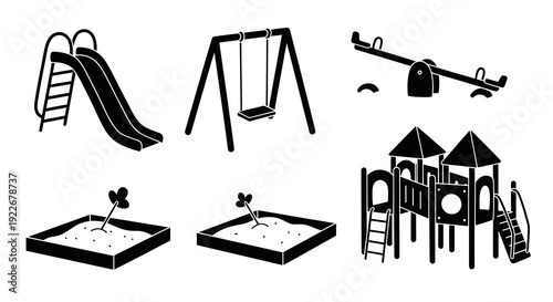 Children's Playground Equipment Black and White Glyph Icons Set. Recreation Park Slide, Swing, Seesaw, Sandbox, and Play Structure Silhouette Vector.
