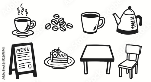 Cafe and Coffee Shop Essentials: Black and White Hand-drawn Line Art Icons. Doodle Collection of Hot Coffee, Beans, Teapot, Cake, Menu, Table, Chair Elements for Food  Drink Industry.