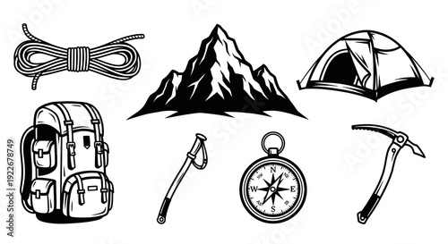 Outdoor Adventure Mountaineering and Camping Equipment Black and White Line Art Set with Mountain, Backpack, Tent, Rope, Compass, Ice Axe.