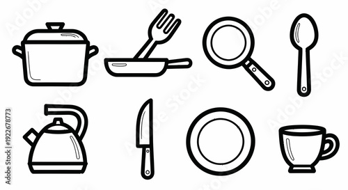 Black and White Line Art Kitchen Utensils Icons Set. Cookware, Cutlery  Dinnerware Outline Glyphs for Food and Home Concepts.