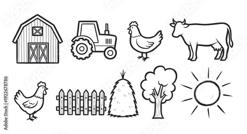 Agriculture Farm Elements Black and White Line Art Icons Set. Rural Life Outline Collection featuring Barn, Tractor, Cow, Chicken, Fence, Haystack, Tree, Sun.