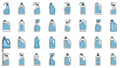 Versatile set of blue and white cleaning product bottle icons including sprays and jugs for household chore design concepts.