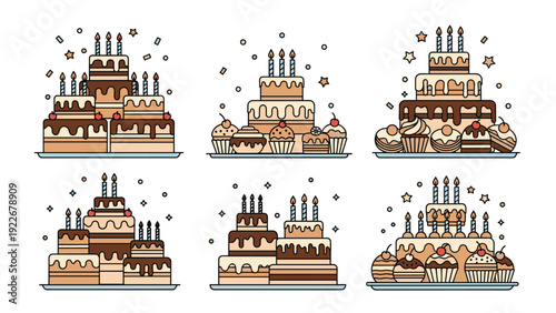 Selection of decorative multi-tiered chocolate cakes and cupcakes on platters for birthday and celebration party themes.