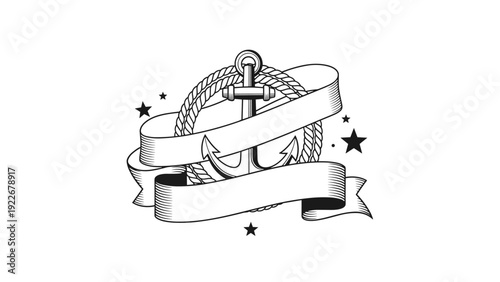 Nautical themed emblem featuring a detailed anchor wrapped in rope with decorative ribbons and stars on a white background.