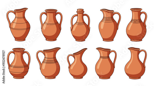 Set of hand drawn terracotta clay pitchers and jugs showing different handle styles for rustic and traditional pottery themes.