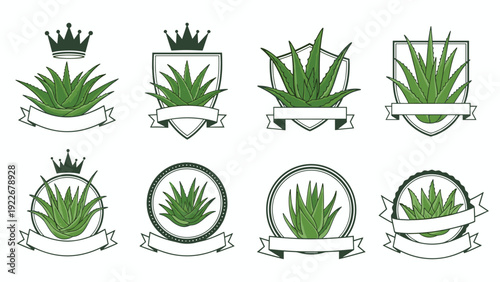 Decorative aloe vera plant emblems featuring various shields and circular frames with crowns and ribbons for beauty branding.