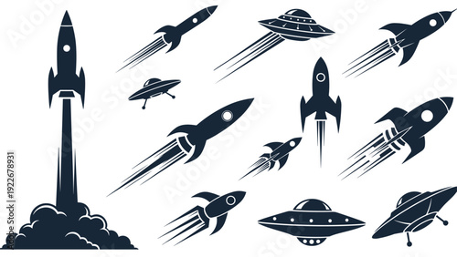 Collection of dark rocket ship and UFO silhouettes in flight for space exploration and science fiction themed projects.