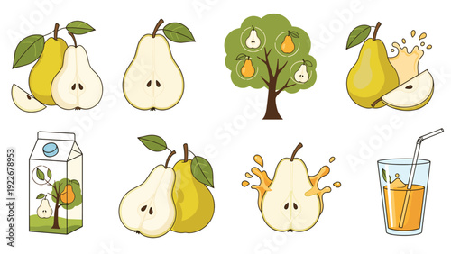 Set of pear themed illustrations featuring fresh fruit and juice products with a stylized pear tree for agriculture branding.