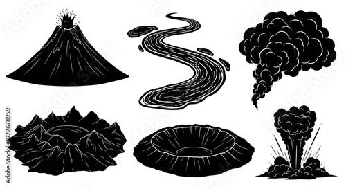 Black  White Line Art Glyphs of Geology  Natural Disasters: Volcanoes, Craters, Eruptions, Smoke, and Lava Flow Monochrome Vector Illustrations
