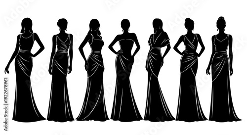 Black  White Vector Silhouettes of Elegant Women in Evening Gowns: Fashion, Glamour  Beauty Illustration for Formal Events
