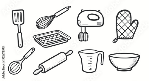 Baking and Cooking Tools Hand-Drawn Black  White Line Art Collection of Essential Kitchen Utensils