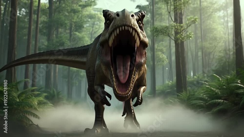 Tyrannosaurus rex running through a prehistoric jungle, massive dinosaur charges toward the camera in a misty tropical forest