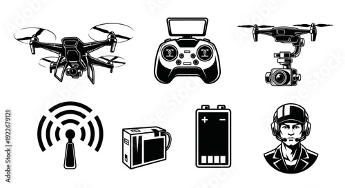 Black and White Vector Icons Set for Drone Technology and Aviation: Drones, Remote Control, Pilot, Signal, and Batteries