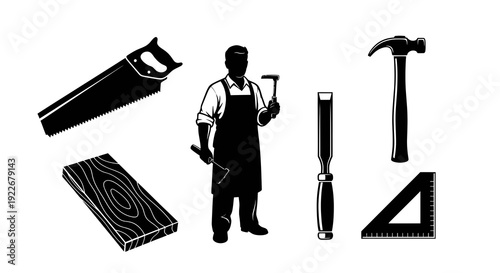 Woodworking Carpenter Tools Glyph Icons Set. Tradesman Silhouette with Saw, Hammer, Chisel, Lumber, and Ruler Vector for Construction Industry.