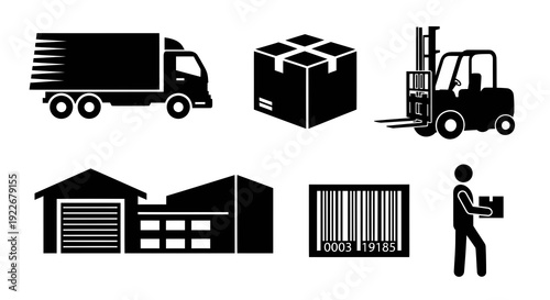Logistics  Delivery Icons. Black and White Glyph Style Solid Symbols for Shipping, Warehouse, Supply Chain. Features Truck, Package, Forklift, Barcode, Worker.
