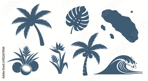 Tropical Summer Vacation Flat Silhouette Vector Elements Set. Exotic Nature Icons: Palm Trees, Coconuts, Monstera Leaf, Island, Wave, Bird of Paradise Flower.