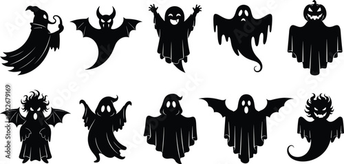 Halloween ghost silhouette collection spooky cartoon spirits vector illustration set