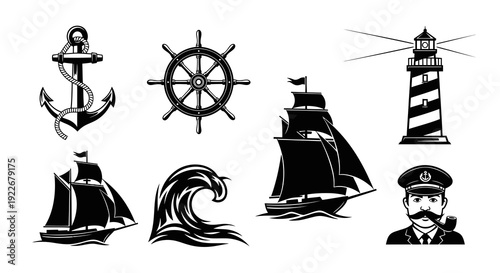 Nautical Marine Sea Voyage Vector Icons Set: Anchor, Ship Wheel, Lighthouse, Sailboats, Wave, and Captain in Black  White Silhouette Style.