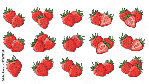 Fresh red strawberry fruit arrangements showing whole and halved berries with green leaves for summer food themes.