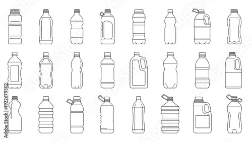 Assorted plastic bottle and container outlines representing various sizes and shapes for liquids are presented in a systematic grid.