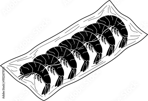 Pack of shrimp or prawns vacuum sealed in plastic packaging. Frozen seafood concept. Flat monochrome vector illustration