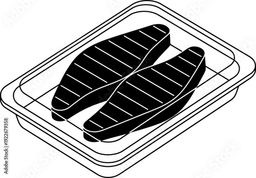 Grilled steak or patty meat in a plastic disposable food container for packaging design. Cooking and healthy food concept. Vector illustration simple line art icon