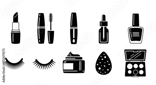 Beauty and Cosmetics Makeup Products Glyph Vector Icons Set. Black and white collection of essential beauty tools: lipstick, mascara, nail polish, cream, eyeshadow palette, and false lashes.