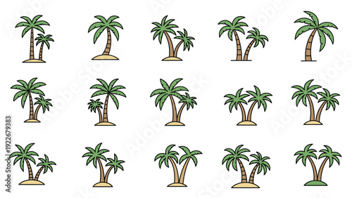 Simple colorful icons of pairs and single palm trees on small sandy islands are arranged in a grid for tropical theme designs.