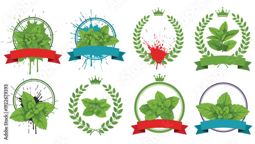 Mint leaf emblems featuring circular frames, laurel wreaths, and decorative ribbons are presented in various green and colorful designs.
