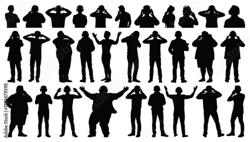 Male Silhouettes Collection of Wearing Headphones Listening to Music and Podcasts Isolated on Transparent Background