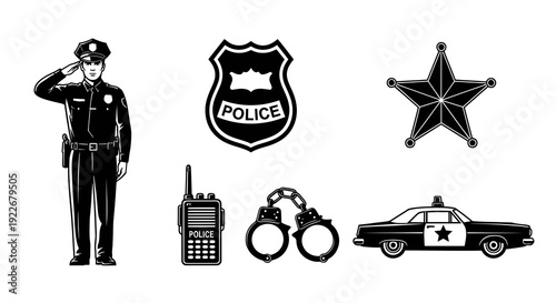 Law Enforcement Police Icons Set in Black and White Vector Glyph Style, Featuring Officer, Badge, Car, Handcuffs, and Walkie-Talkie