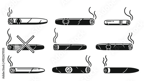 Variety of cigar icons including smoking, unlit, and crossed out prohibited versions are shown in black and white graphic styles.