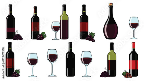 Collection of wine bottles and glasses in various colors and styles are arranged with grapes for elegant beverage designs.