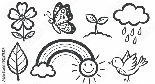 Black  White Line Art Nature Elements Collection. Simple Hand-Drawn Icons of Spring  Weather for Kids' Education, Doodles for Coloring Books  Crafts.