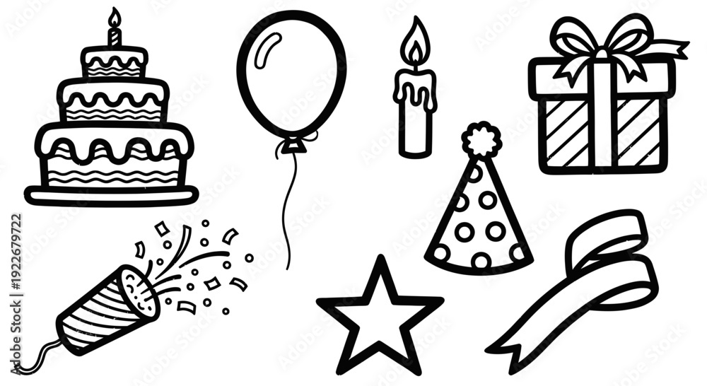 Fototapeta premium Celebration Party Elements Black and White Line Art Set. Hand-drawn outline doodle icons of birthday cake, balloon, candle, gift, party hat, confetti, star, and ribbon.