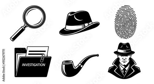 Detective  Investigation Icons Set: Black  White Vector Glyphs of Magnifying Glass, Fedora, Fingerprint, Case File, Pipe  Private Investigator
