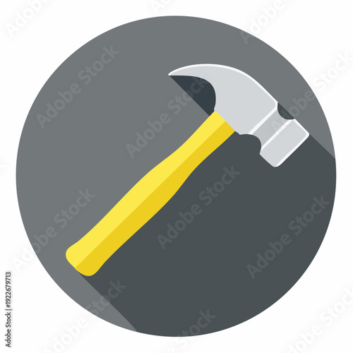 Graphic illustration of a hammer with a yellow handle on a gray circle background with a drop shadow.