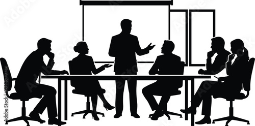 Business Meeting Silhouette Illustration Showing Corporate Team Discussion, Office Presentation, Leadership Communication and Professional Workplace Collaboration Concept