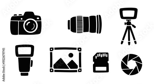 Photography Equipment and Accessories Glyph Icons Set. Solid Black  White Flat Symbols of Camera, Lens, Flash, Tripod, SD Card, Aperture, and Picture Frame.