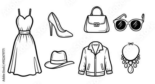 Women's Fashion Clothing and Accessories Black and White Line Art Icons Set. Dress, High Heels, Handbag, Sunglasses, Hat, Jacket, Necklace Vector Outlines.