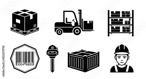 Logistics and Warehousing Glyph Icons Set. Flat Black Vector Symbols for Shipping, Storage, Supply Chain, Inventory, and Industrial Workers.