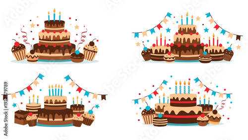 Decorative birthday celebration graphics feature multi tiered cakes and cupcakes with party flags and colorful streamers.