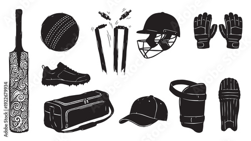 Vintage cricket equipment icons set, hand drawn black and white cricket gear illustrations, professional sports kit elements in EPS format