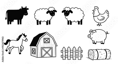 Black and White Line Art Farm Animals and Objects Set. Hand-drawn cartoon icons of cow, sheep, chicken, horse, pig, barn, fence, and hay bale for agricultural designs.