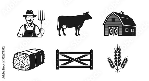 Agriculture Farm Icons Set: Black and White Glyph Vector Silhouettes of Farmer, Cow, Barn, Hay, Fence, and Wheat for Rural Livestock and Crop Production