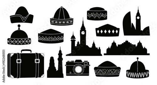 Global Travel and Culture Symbols Silhouette Vector Set. Diverse Ethnic Hats, Famous City Landmarks, Tourist Suitcase, and Camera Glyphs.